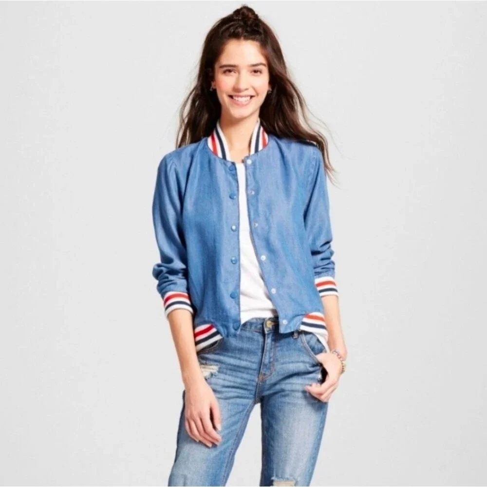 MOSSIMO SUPPLY CO Womens Chambray Denim Bomber Jacket XS Snap Button Pockets EUC